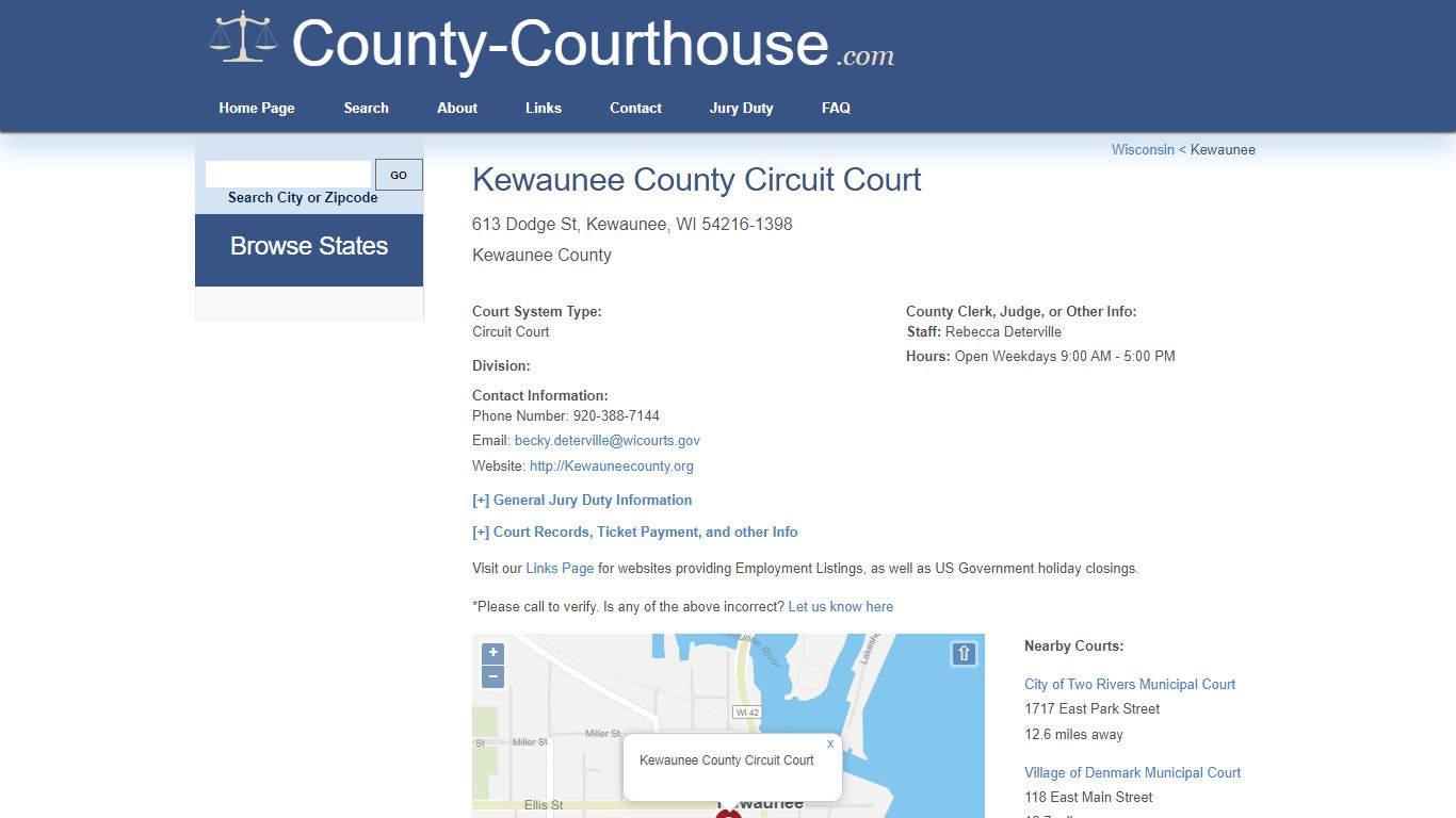 Kewaunee County Circuit Court in Kewaunee, WI - Court Information